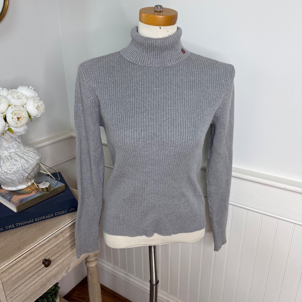Lauren Ralph Lauren Gray Ribbed Cotton Turtleneck Sweater RL Logo Size M